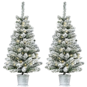 HOMCOM Set de 2 pomi de Craciun artificiali de zapada artificiala cu 60 de lumini LED albe si 116 ramuri, baza cu vaza detasabila, Φ40x90 cm, verde