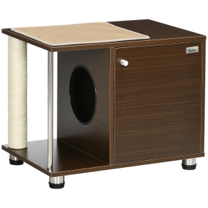 PawHut Móvel Caixa de Areia para Gatos com Almofada Porta Magnética Poste de Arranhar Tapete Lateral de Sisal 60x40x48cm Nogueira