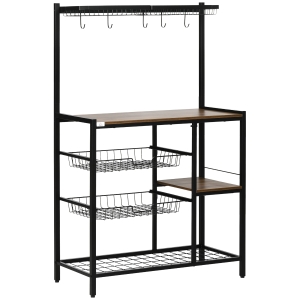HOMCOM Dulap de bucatarie cu carlige, 3 rafturi si 2 cosuri fixe din MDF si otel, 83,5x39x133 cm, maro