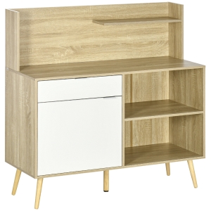 HOMCOM Dulap pentru living, bucatarie si intrare din PAL si lemn de pin cu spatiu inchis, 2 rafturi deschise si sertar, 118,3x43,8x118,7 cm, alb si culoarea lemnului