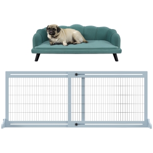 PawHut Set 2 Pezzi Divano per Cani max 32kg con Cuscino Imbottito e Cancellino per Cani Estensibile 104-183cm