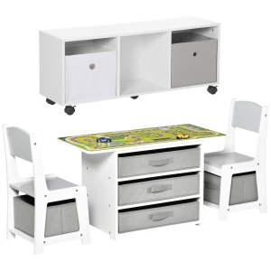 HOMCOM Set Tavolo e 2 Sedie per Bimbi con Mobile Portagiochi in MDF e Cassetti in TNT, Bianco e Grigio