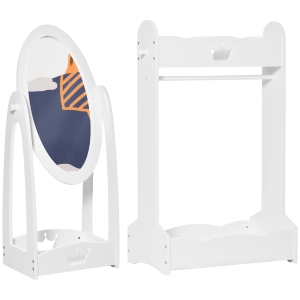 HOMCOM Set 2 Pezzi Specchio da Terra e Appendiabiti per Bambini 3-8 Anni con Struttura in MDF e Legno di Pino, Bianco