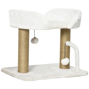 PawHut Arbre à chat grattoir design avec jeu 2 pompons suspendus 2 poteaux sisal plateforme peluche sisal 48 x 38 x 42 cm beige
