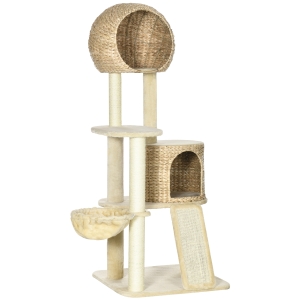 PawHut Arbre à chats griffoir sisal naturel 2 niches plateforme hamac peluche jacinthe d'eau - 60 x 60 x 150 cm beige