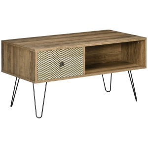 HOMCOM Table basse rectangulaire style industriel avec pied épingle tiroir niche de rangement 90 x 45 x 46 cm marron