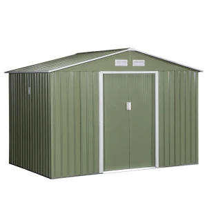 Outsunny 9 x 6 ft Metal Garden Storage Shed Corrugated Steel Roofed Tool Box with Foundation Ventilation and Doors, Light Green