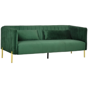 HOMCOM 3-Sitzer im Retrodesign, inkl. 2 Sofakissen, Samtoptik, Tufting, 195 cm x 88 cm x 76 cm, Grün + Gold
