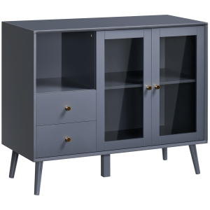 HOMCOM Modern Sideboard, Storage Cabinet with Glass Doors Cupboard, 2 Drawers and Open Shelf for Living Room, Hallway, Grey