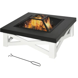 Outsunny Metal Large Firepit Outdoor 3 in 1 Square Fire Pit Brazier w/ BBQ Grill, Lid, Log Grate, Poker for Backyard, Bonfire, 86 x 86 x 38cm, Black