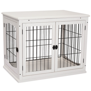 PawHut Transportbox für Hunde 58,5 cm x 81 cm x 66 cm Türen Verriegelbar MDF-Holz Eisen Weiß