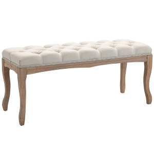 HOMCOM 43" Upholstered Entryway Bench, Linen Fabric Ottoman Stool with Button Tufted Seat, and Rubber Wood Legs for Living Room, Bedroom, or Hallway, Beige