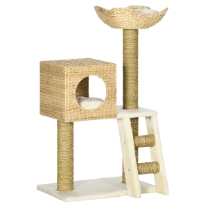 PawHut Cat Tree for Indoor Cats Kitten Tower Cattail Weave with Scratching Posts, Cat House, Bed, Ladder, Washable Cushions, Natural, 57 x 37 x 100.5 cm