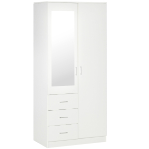 HOMCOM 2-Door Wardrobe w/ Adjustable Shelf 3 Drawers Mirror Home Storage, 180cm, White
