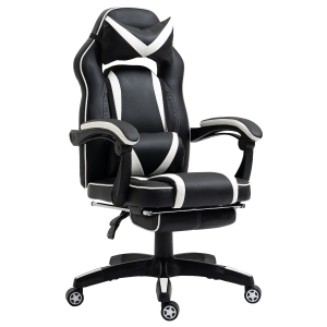 Vinsetto Gaming-Stuhl Bürostuhl Drehstuhl Chefsessel mit Fußstütze Rückenlehne Kissen verstellbar Kunstleder Weiß+Schwarz 65x64x114-123,5 cm