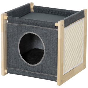 PawHut Cama Cueva para Gatos de Interior con Cojín Extraíble Rascador de Sisal y Marco de Madera 40x40x40,5 cm Gris