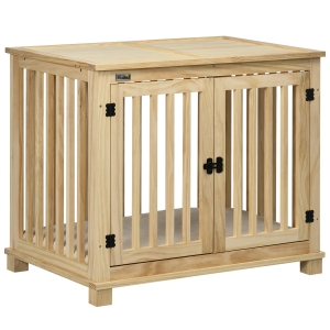 PawHut hondenkooi inclusief slot en kussen, 82,5 cm x 57 cm x 72 cm, natuurlijk hout+ roomwit