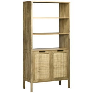 HOMCOM Bibliothèque style naturel 3 étagères placard 2 portes aspect bois et cannage 80 x 37 x 163 cm bois naturel