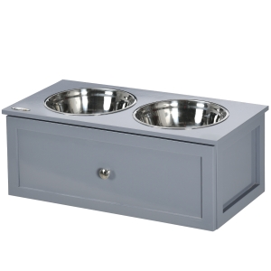 PawHut voerstation, 2 voerbakken van elk 2 liter, roestvrij staal, met lade, voor middelgrote honden, grijs, 60 x 30 x 24 cm