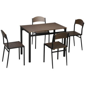 HOMCOM Set de sufragerie 5 piese cu 1 masa dreptunghiulara 100x63x76,5 cm si 4 scaune 45x40x82 cm, otel si MDF, maro negru