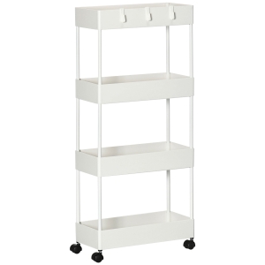 HOMCOM Küchenwagen mit 4 Regalen, 3 flexiblen Haken, 4 Rollen, 40 cm x 19 cm x 90 cm, Nischenwagen, Weiß
