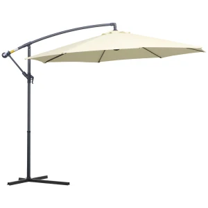 Outsunny Cantilever Garden Parasol, 3m Patio Banana Hanging Umbrella with Crank & Tilt, 8 Ribs, Cross Base, Cream White