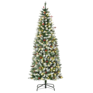 HOMCOM Weihnachtsbaum 1,8 m Christbaum Tannenbaum mit 34 roten Beeren Tannenzapfen LED-Lichter Kunsttanne 618 Zweige PVC Stahl Grün+Weiß Ø65 x 180 cm