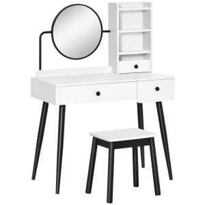 HOMCOM Vanity Dressing Table Set with Mirror and Stool, Makeup Table with 3 Drawers and Open Shelves, White
