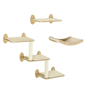 PawHut Wall Mounted Cat Shelves, Climbing Shelf Set for Kittens, Activity Centre with Platforms Hammock Scratching Post, Oak
