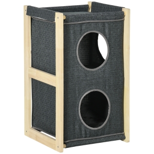 PawHut Casa para Gatos de Madeira em Forma de Barril de Interior com 2 Almofadas Amovíveis e Laváveis 40x40x70cm Cinza