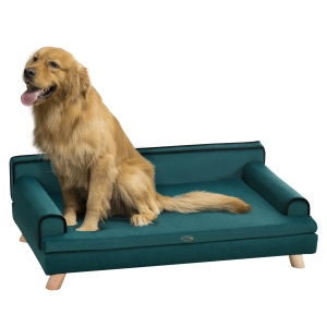PawHut Canapé pour chien chat design scandinave coussin moelleux amovible pieds bois massif 100 x 62 x 32 cm bleu canard
