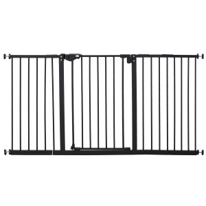 PawHut Türschutzgitter Hunde Absperrgitter Schutzgitter für Haustier Hundegitter Treppenschutzgitter ohne Bohren Metall Kunststoff Schwarz 136,3 cm x 76,2 cm