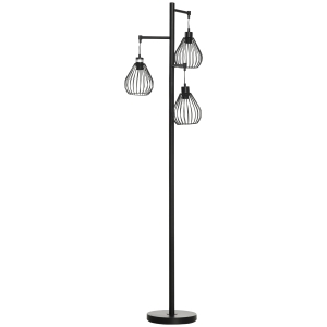 HOMCOM Stehleuchte, Stehlampe, 3 flammig, Gitter-Schirm, Fußschalter, E27 Fassung, Metall, schwarz, 48 x 42 x 175 cm