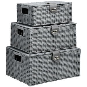 HOMCOM 3er-Set Aufbewahrungskörbe aus PE- Rattan, mit Verschluss, Tragegriffen, 35,5 cm x 28,5 cm x 18 cm, Grau