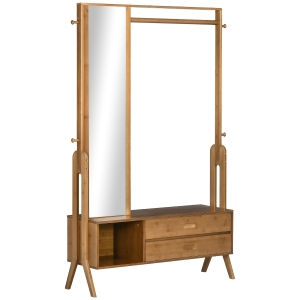 HOMCOM Garderobenständer mit 2 Schubladen, 1 Spiegel, 1 Kleiderstange, 1 Schuhbank, 113 cm x 33 cm x 169,5 cm, Bambus