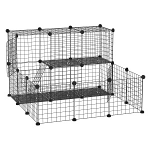 PawHut Cerca para Pequenos Animais DIY com 24 Painéis com Grade Metálica Gaiola Modular para Coelhos Chinchilas 105x105x70cm Preto