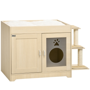 PawHut Caixa de Areia para Gatos de Madeira com Cama Almofada Suave 3 Plataformas e Postes de Sisal 107x54x70cm Carvalho