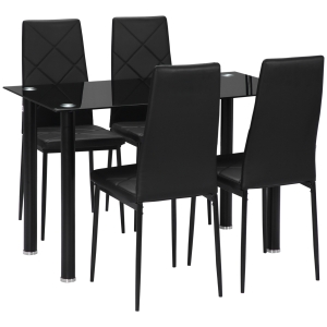 HOMCOM Set de masa si scaune 5 buc, masa dreptunghiulara din sticla temperata si otel si 4 scaune de sufragerie cu spuma si scaun captusit din PVC