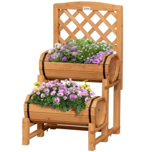 Outsunny Jardiniera de brad in forma de butoi, de exterior cu design vertical inaltat, 45x45x180cm, maro