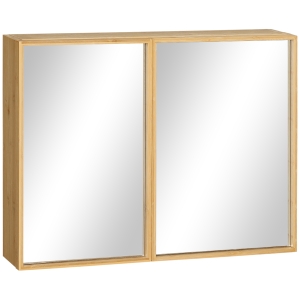 kleankin Oglinda de baie din bambus si sticla cu 3 rafturi, 2 usi si oglinzi, 65,2x14x50 cm, culoare lemn