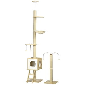 PawHut Ansamblu pentru pisici din PAL reglabil in inaltime cu stalp de zgariat pentru pisici, hamac pentru pisici si minge de joaca, 40x40x225-285cm