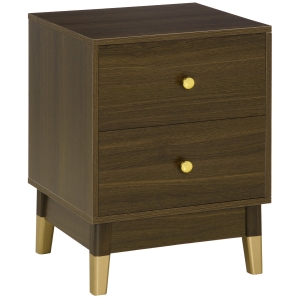 HOMCOM Modern Bedside Table, Bedside Cabinet with 2 Drawers, Storage Organiser for Bedroom, Living Room, Brown and Gold