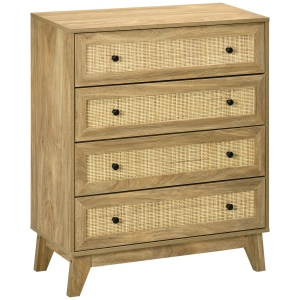 HOMCOM Cómoda con 4 Cajones Cajonera de Madera con Frontales de Ratán Estilo Cannage para Dormitorio 80x35x95 cm Natural