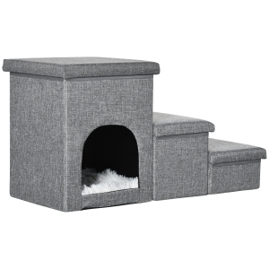 PawHut Escalera para Mascotas de 3 Peldaños 2 Cajas de Almacenaje Cueva y Cojín para Cama Sofá 73,5x33x40,5 cm Gris