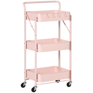 HOMCOM Carrito Auxiliar con Ruedas Carrito Plegable de 3 Niveles con 4 Ganchos y 3 Cestas Extraíbles 43x31x89 cm Rosa