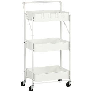 HOMCOM Carrito Auxiliar con Ruedas Carrito Plegable de 3 Niveles con 4 Ganchos y 3 Cestas Extraíbles 43x31x89 cm Blanco