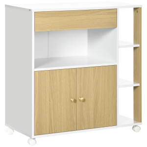 HOMCOM Carrinho de Cozinha com Rodas 2 Portas Gaveta Armazenamento Aberto e 3 Prateleiras Laterais 80x39x85,5cm Carvalho e Branco