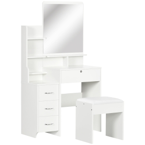 HOMCOM Toucador de Maquilhagem com Banco Espelho 4 Gavetas 4 Compartimentos de Armazenamento Estilo Moderno 80x38x143cm Branco