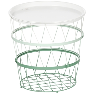 HOMCOM Mesa Auxiliar com Tampa Cesto de Organização Empilhável de Aço para Dormitório Sala de Estar Ø39,5x40,8cm Verde
