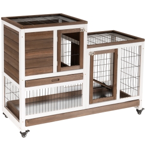 PawHut Coelheira de Madeira com Rodas Gaiola para Coelhos de 2 Pisos com Rampa e 2 Bandejas Removíveis 110x50x86cm Marrom
